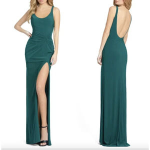 NEW $278 Ieena for Mac Duggal Ruched Waist Column Gown Emerald Green